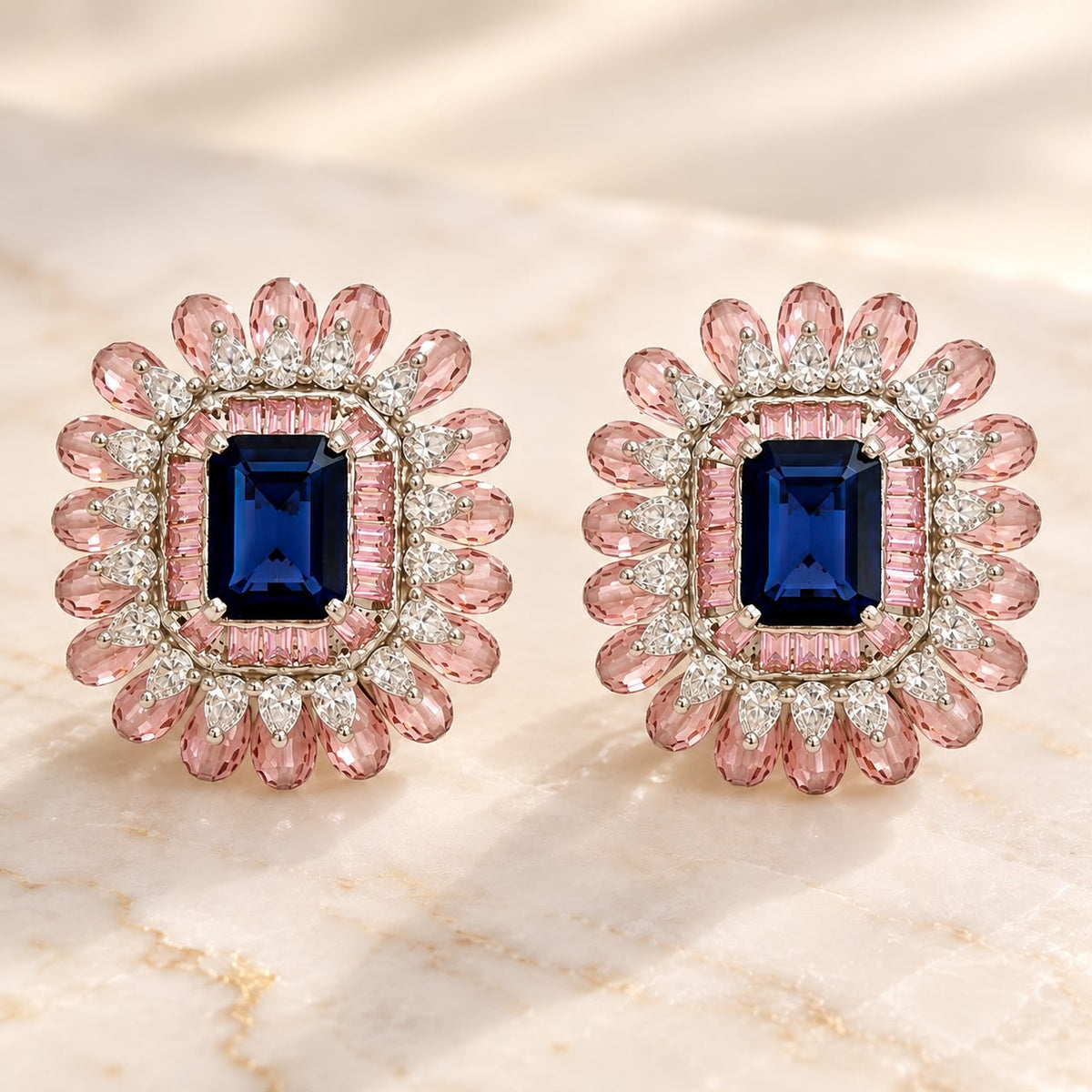 Pink Sapphire Oval Tanzanite Diamond Earring